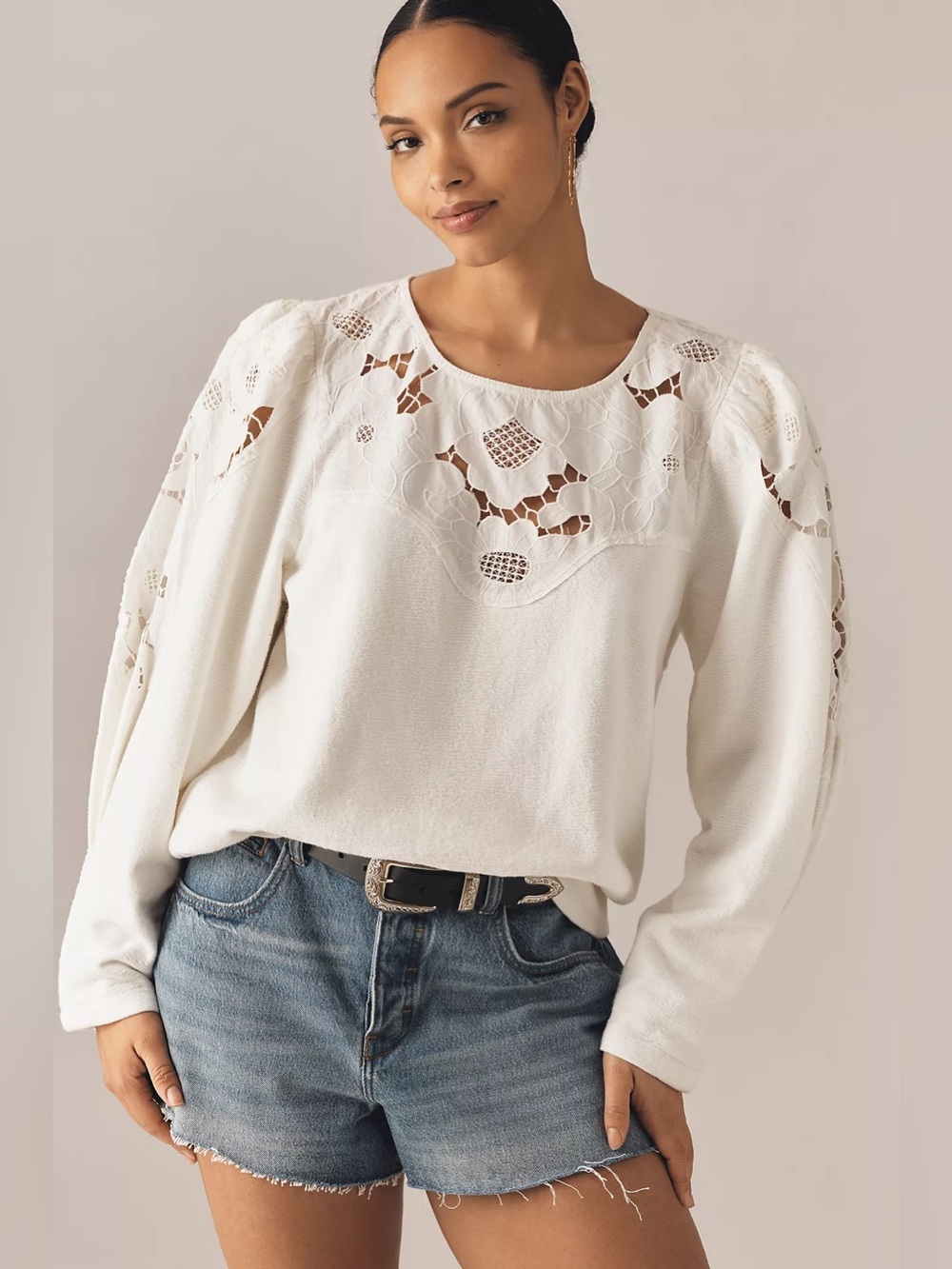 By Anthropologie Lace Cutwork Mutton-Sleeve Top Size 3XL